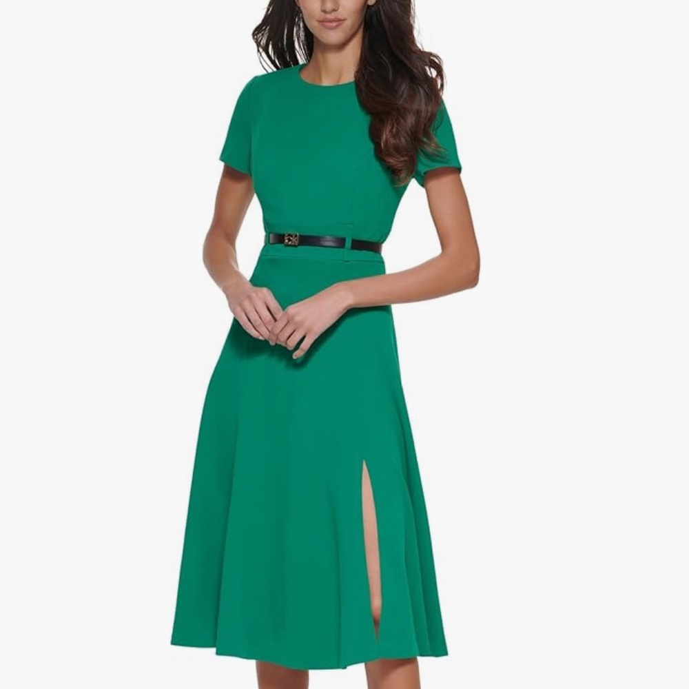 Calvin Klein Women's Short Sleeve A-line Midi Dress with Belt